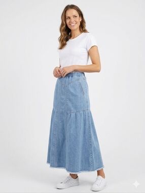 Ebossy Western Style Denim Maxi Skirt Raw Hem With Pockets Fairy Grunge Sz XL